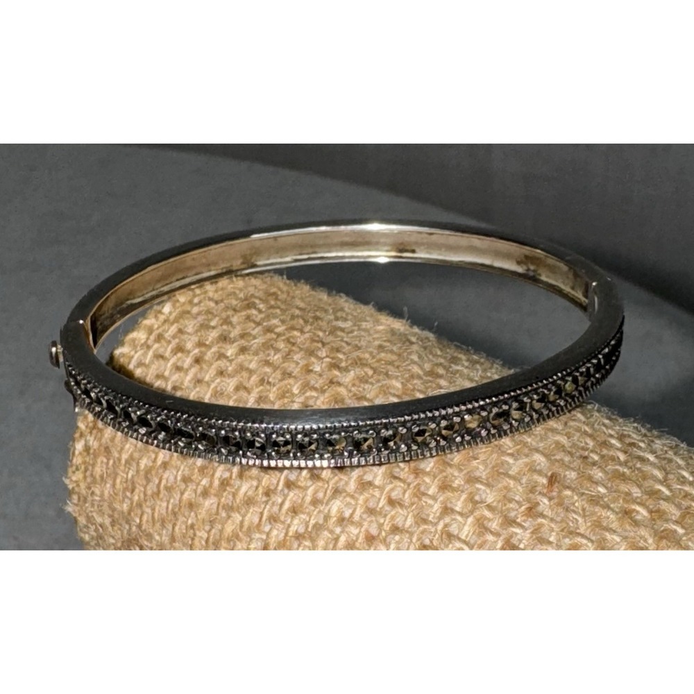 Sterling Silver 925 Marcasite‎ Bangle Bracelet Eternity Heart Suspicion Thailand